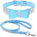 Cute Dazzling Sparkling Elegant Fancy Soft Suede Leather Bling Rhinestone Crystal Jeweled Pet Cat Dog Puppy Collar Dog Leash Combo Set (M(Neck 12.5-15"), Light Blue-1)