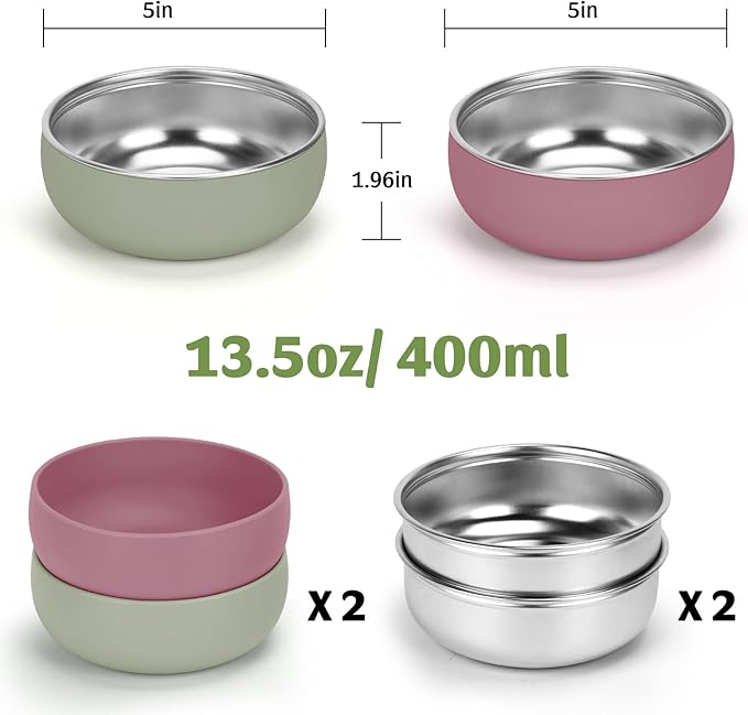 Kitten Bowls 2 Pack, Stainless Steel Cat Food and Water Bowl Set with Anti-Slip Silicone Bottom, 5 '' Wide Thick & Heavy Duty Metal Pet Dishes for Kittens, Cats and Puppies