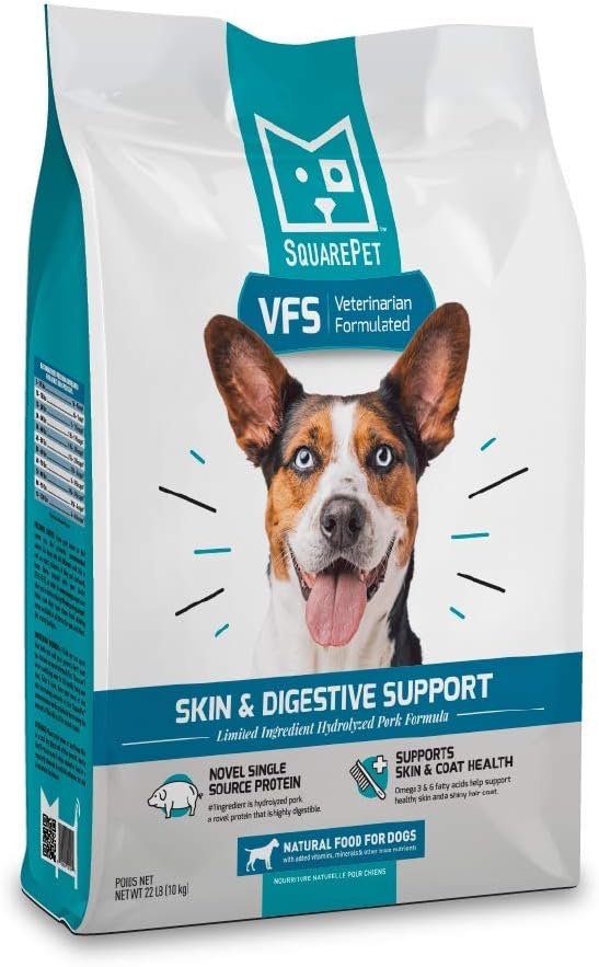SquarePet Veterinarian Formulated Solutions Hydrolyzed Protein Skin and Digestive Support Dry Dog Food, Help with Hot Spots, Itchiness Pork Flavor 22lbs