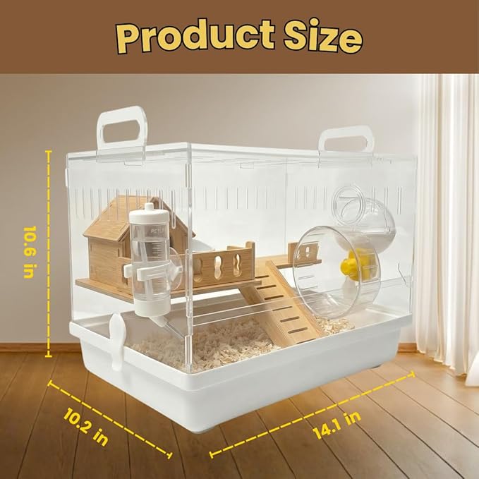 Clear Acrylic Hamster Cage Habitat, 2-Tier Small Animal Mouse Habitat with Wheel, Hideout & Accessories, Transparent Cage Hamster Starter Home for Dwarf Hamsters, Gerbils & Mice Enclosure