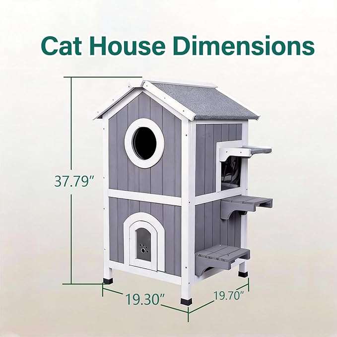 GEGURI Outdoor Cat House Winter-Proof, Two-Story Insulated Cat Shelter for Feral Cats with Thermal Layer, Removable Roof, Balcony & Escape Door, Weatherproof & Warm Shelter for Cats