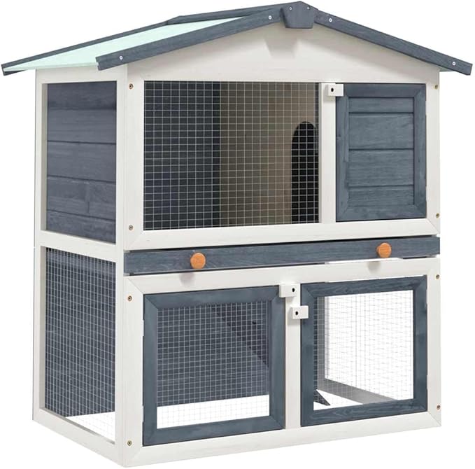 Rabbit Hutch for Outdoor and Indoor Use Solid Pine Wood Powder-Coated Iron Mesh Grey Rectangular 37x37x39in Small Animal Cage House with Double-Door Access for Rabbits Bunnies