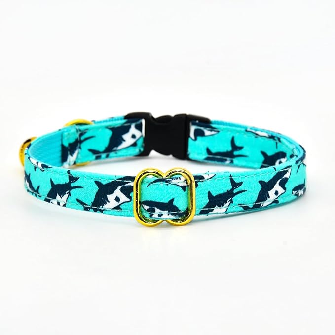 Oceanic Sharks Cat Breakaway Collar Bow Tie with Bell, Wedding/Birthday Cat Accessories