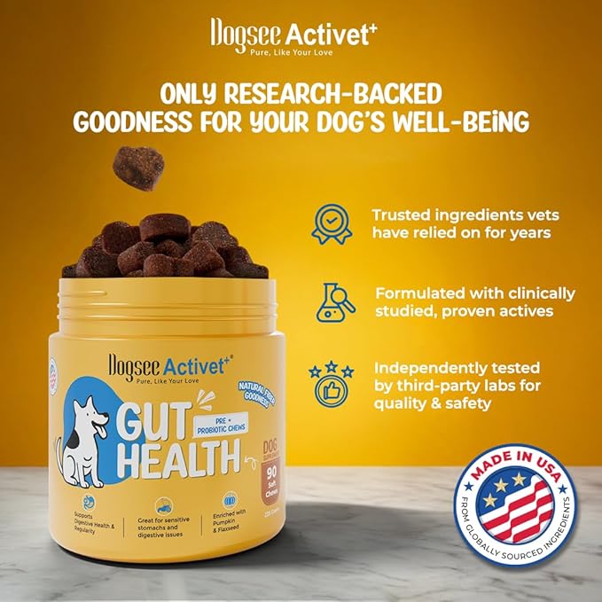 Dogsee Activet+ Dog Gut Health Supplement Chews, with Probiotics, Prebiotics, Digestive Enzymes & Fiber, Digestion & Regularity Support, Chicken Flavor – 90 Chews
