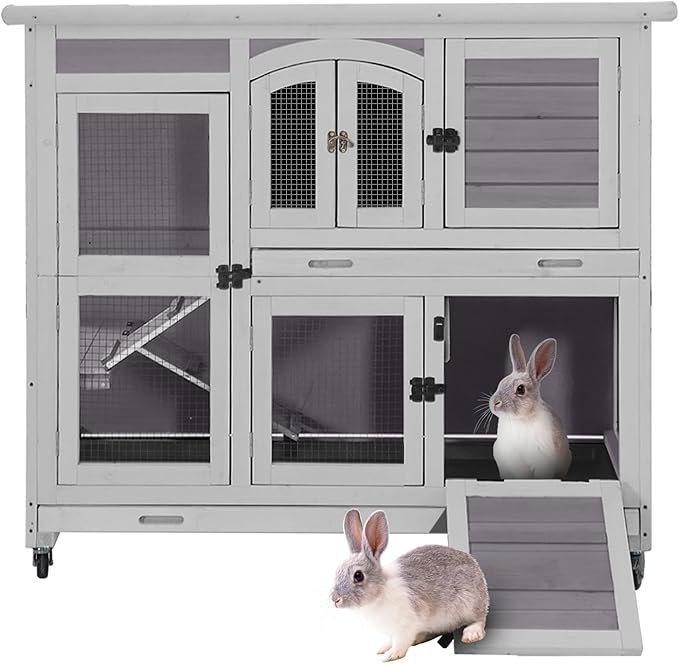 Rabbit Hutch Indoor & Outdoor, Mobile Bunny Hutch with Wheels, 47’’ Wooden Rabbit Cage with 2 Pull Out Trays and Ramp, Two-Story Design Guinea Pig Cages