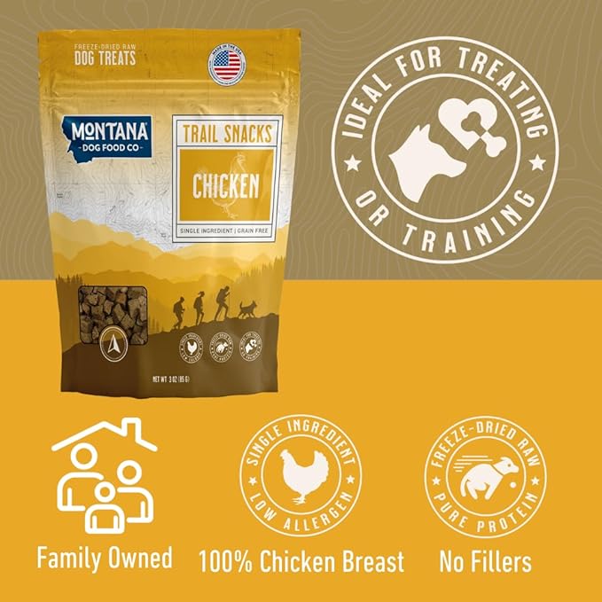 MONTANA DOG FOOD CO. Freeze-Dried Chicken Breast Dog Treats (Trail Snacks) – 100% All- Natural Freeze Dried Dog Treats, Single Ingredient, High Protein, Grain-Free, Made in USA – 3 oz Bag