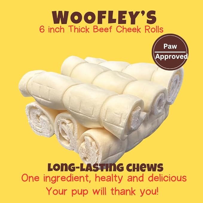 Woofley's 6 inches Buffalo Beef Cheek Roll -(50 Count)- Beef Cheek Rolls for Dogs - Long Lasting Natural Dog Chews