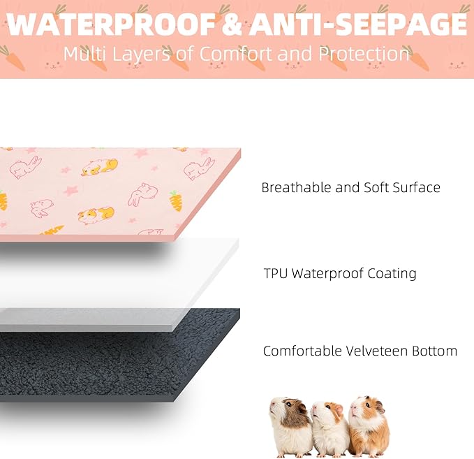 Homimp 2 Pack Guinea Pig Cage Liners,Washable Small Animal Bedding,Waterproof Reusable & Anti Slip Guinea Pig Pee Pad Fast and Super Absorbent Mat for Small Animal Rabbit Bunny Hamster,Pink 24"x47"