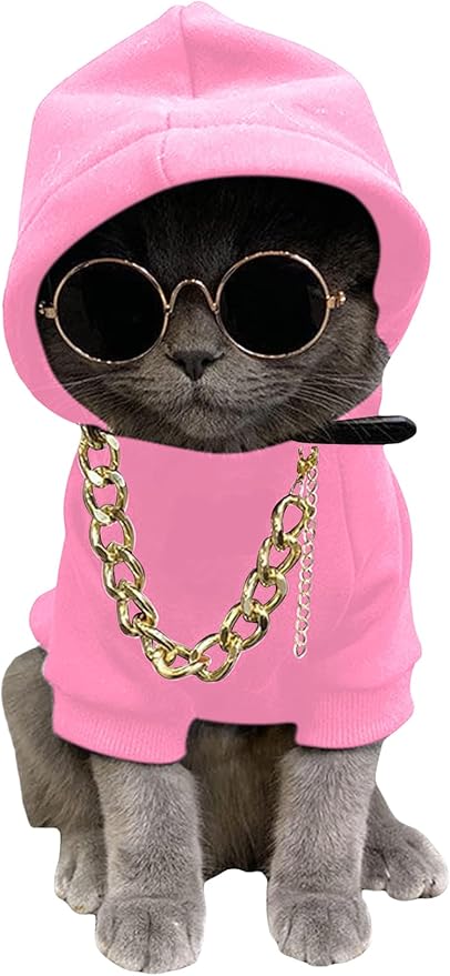 QWINEE 3Pcs Dog Hoodie Cat Apparel Dog Custume Set with Necklace and Sunglasses Pet Clothes for Puppy Small Medium Dogs Cats Light Pink X-Large