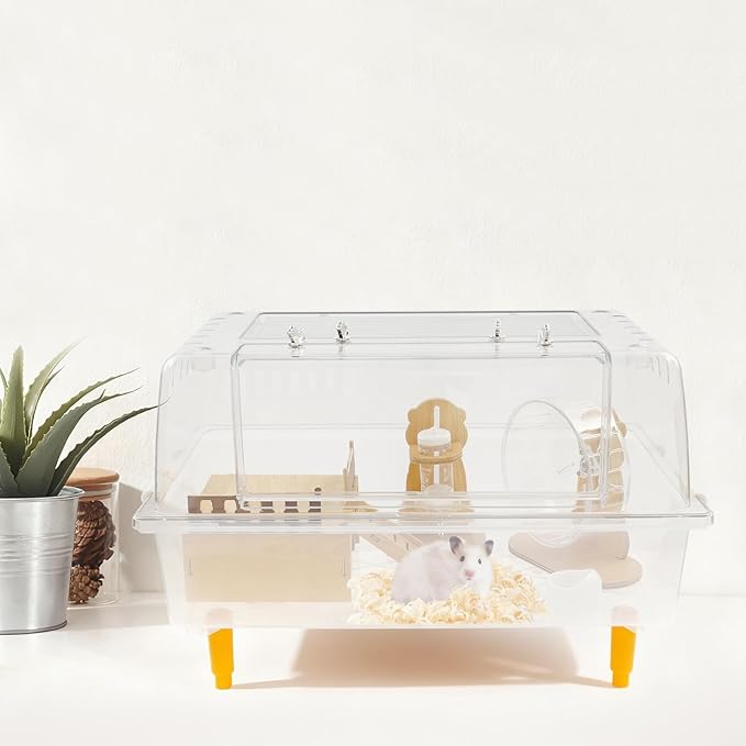 Hamster Cage Clear Luxurious Mice and Rat Habitat with Exercise Wheel, Dual Door Design, 3.54" H Leg Stand, Small Animal Cage for Hamsters, Guinea Pigs, Hedgehogs 23.6" Lx14.5 Wx12.6 H