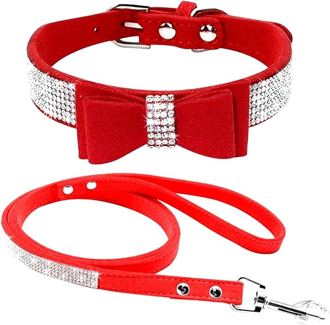 Cute Dazzling Sparkling Elegant Fancy Soft Suede Leather Bling Rhinestone Crystal Jeweled Pet Cat Dog Puppy Collar Dog Leash Combo Set (S, Red-1)