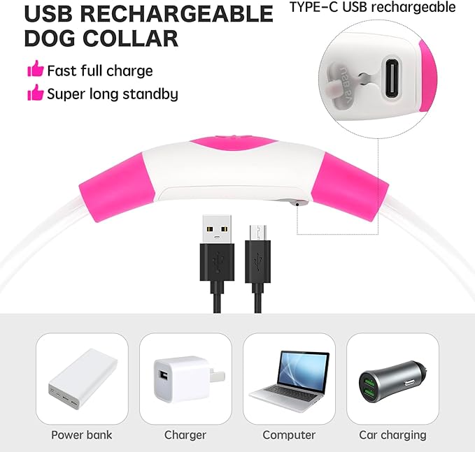 BSEEN Light Up Dog Collar - Rechargeable LED Dog Collar - Waterproof TPU Cuttable Glowing Pet Collar for Small Dogs& Cats - Safety Dog Lights for Night Walking (XS- Pink 40cm)