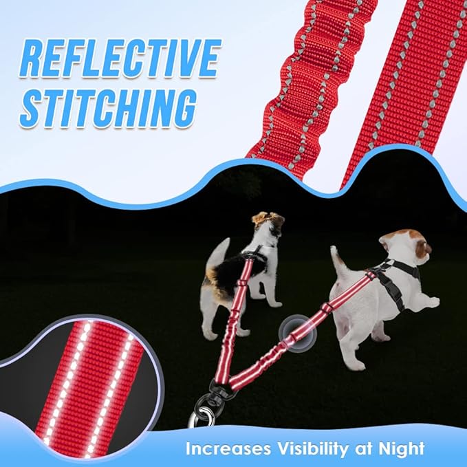 AUTOWT Double Dog Leash, No Tangle 360° Swivel Rotation Reflective Lead Attachment Adjustable Length Dual Two Dog Lead Splitter, Comfortable Shock Absorbing Walking Training for 2 Dogs Red