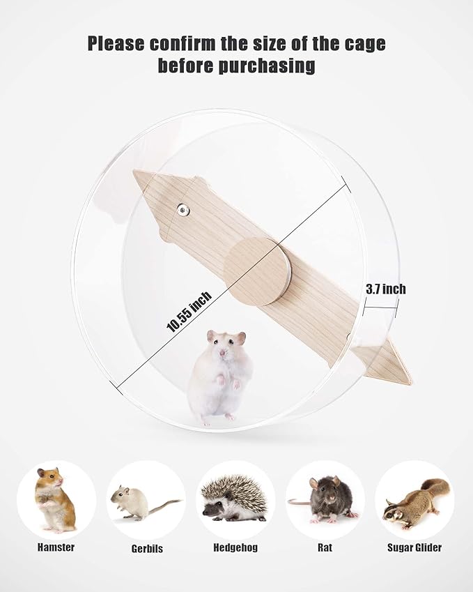 Niteangel Silent Hanging Hamster Wheel - Dual-Bearing Cage-Mounted Quiet Spinning Acrylic Exercise Wheel for Hamsters Gerbils Mice Degus and Other Small Pets (M)