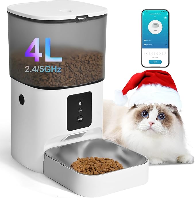 2.4G/5G Automatic Cat Feeder, 4L WiFi Food Dispenser with 10s Voice Recorder, Pet Feeder up to 10 Meals per Day, Timed Cat Feeder with Dry Food Sealed Ring (Matte White, 4.0 L)