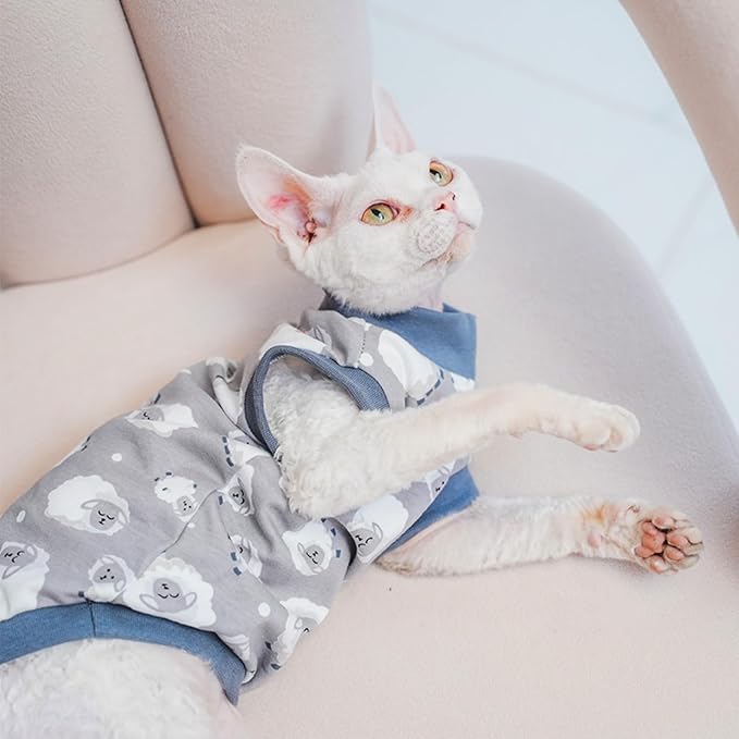 Sphynx Hairless Cat Summer Cotton T-Shirts Cat Vest Pet Clothes, Round Collar Vest Kitten Shirts Sleeveless, Cats & Small Dogs Apparel (Sheep, M (5.5-7 lbs))