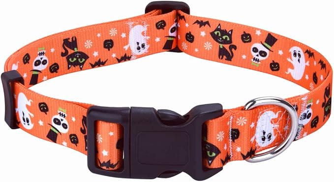 Halloween Dog Collar with Pumpkin Bat Cats, Ghosts Print, Soft Comfortable Adjustable Collars for Small Medium Large Dogs(Halloween,L)