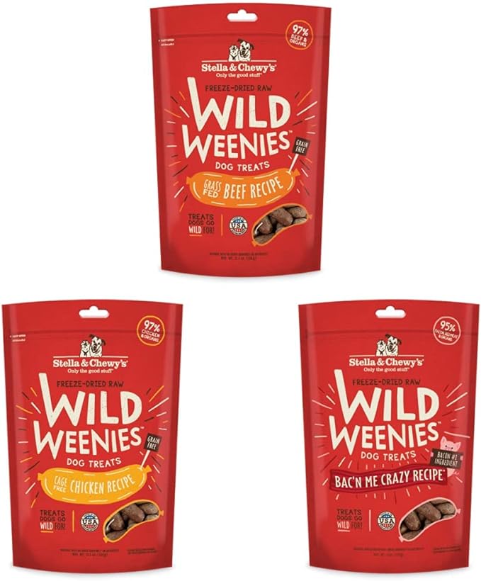 Stella & Chewy's Wild Weenies Dog Treats Large Bag 3 Pack Variety Bundle (Beef, Chicken & Bacon)