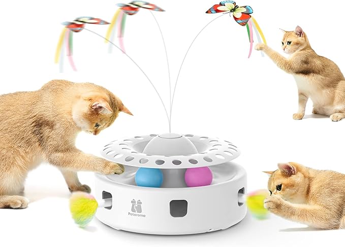 Potaroma 3-in-1 interactive cat toy with butterfly feather and track balls
