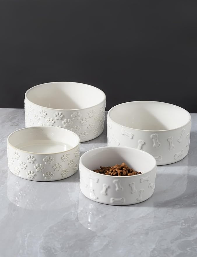 UBEE Ceramic Dog Bowl Set of 2, 5.1 inch Dog Food Bowl Dish, Pet Food Water Dish Feeding for Small Dogs and Large Cat, Bone + Paw Pattern, 5.1 in-Small, White
