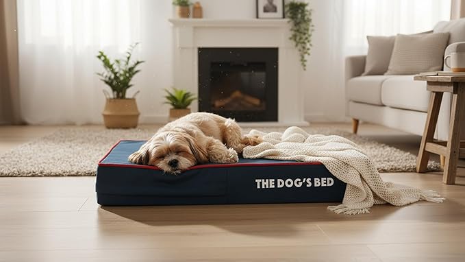 The Dog’s Bed Orthopedic Memory Foam Dog Bed for Small Dogs, Waterproof Washable Cover, Anti-Slip Base, Calming Surface – CertiPUR-Certified Foam, Blue with Red Trim, 4 Inch Thick