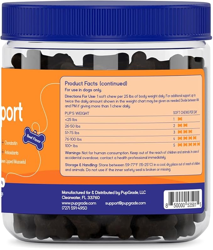 PupGrade Joint Support Supplement for Dogs - Glucosamine + Chondroitin with MSM and Perna - Supports Normal Hip & Joint Health for Occasional Discomfort, Beef Flavor - 180 Soft Chews