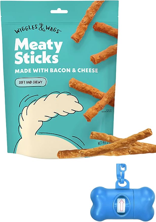 Wiggles & Wags Meaty Sticks Dog Treats, Bacon & Cheese Flavor, 6 oz with DN Essentials Bone Shaped Bag Dispenser & Roll