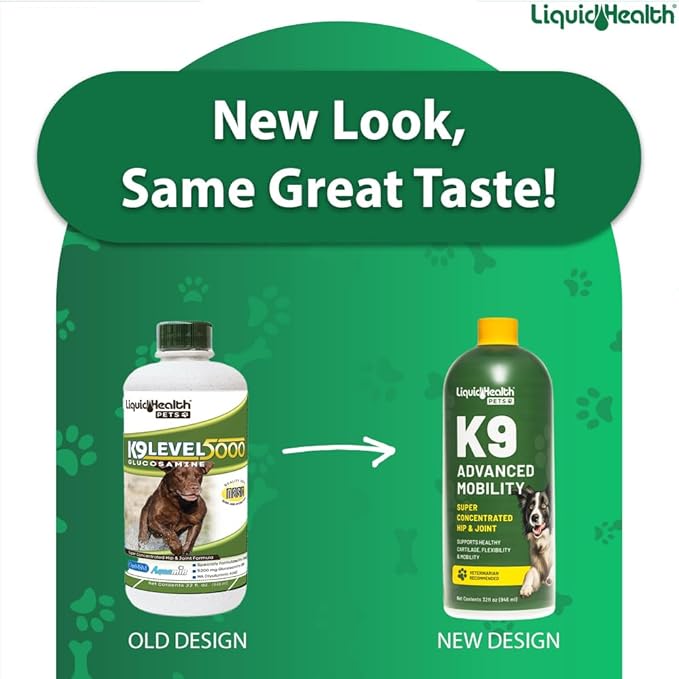 LIQUIDHEALTH Pets K9 Advanced Mobility Liquid Glucosamine Level 5000 for Large Dogs with Chondroitin, MSM, Boswellia Serrata - Dog Hip & Joint Health Vitamins, Pet Joint Oil Juice - USA Made (32 oz)