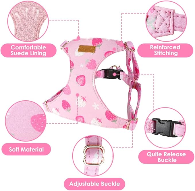 SlowTon No Pull Dog Harness with Leash - Soft Lightweight Floral Pattern Puppy Harness, Adjustable Pet Harness for Small Medium Dogs (Pink Strawberry, M)