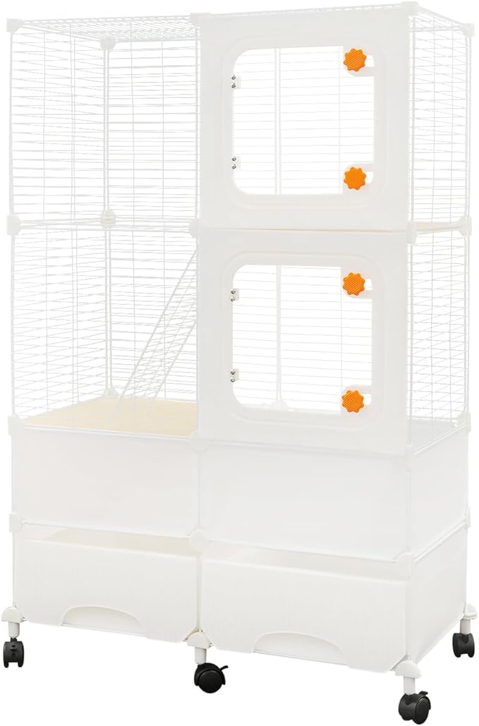Small Animal Cage, Guinea Pig Cages with Rolling, Durable Front Doors, Chinchilla Cage with Scoop for Rat, Hamster, Guinea Pig, Squirrel (White, 45.3in)