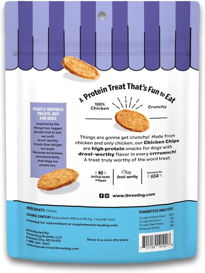 Three Dog Bakery Bark'N Crunch! Chicken Chips with 100% Real Chicken - 4 oz - Crunchy Treats for Dogs - High Protein Dog Snacks - Grain Free, No Corn or Soy, Single Ingredient Treats