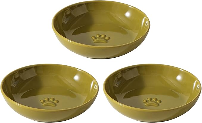 Havniva Ceramic Wide Whisker Friendly Cat Dishes, Set of 3 Ceramic Cat Bowls with Paw Print, Anti-Slip Indoor Kitten Feeding Food& Water Dish to Prevent Whisker Fatigue(3 Pcs, Matcha Green)