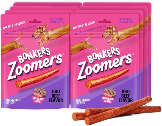 Bonkers Zoomers, Soft & Chewy BBQ Beef Flavored Dog Treats, 5.6 OZ / 159 G (6 Pack), Dog Treats, Treats for Training, for All Breeds and Ages, Food Topper, Resealable Pouch