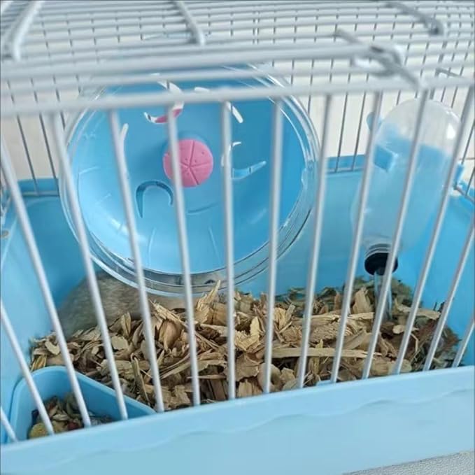 Small Pet Hamster Cage with Running Wheel Water Bottle Food Basin Portable Carrier House Mice Home Habitat for Going Out, Traveling (Blue)