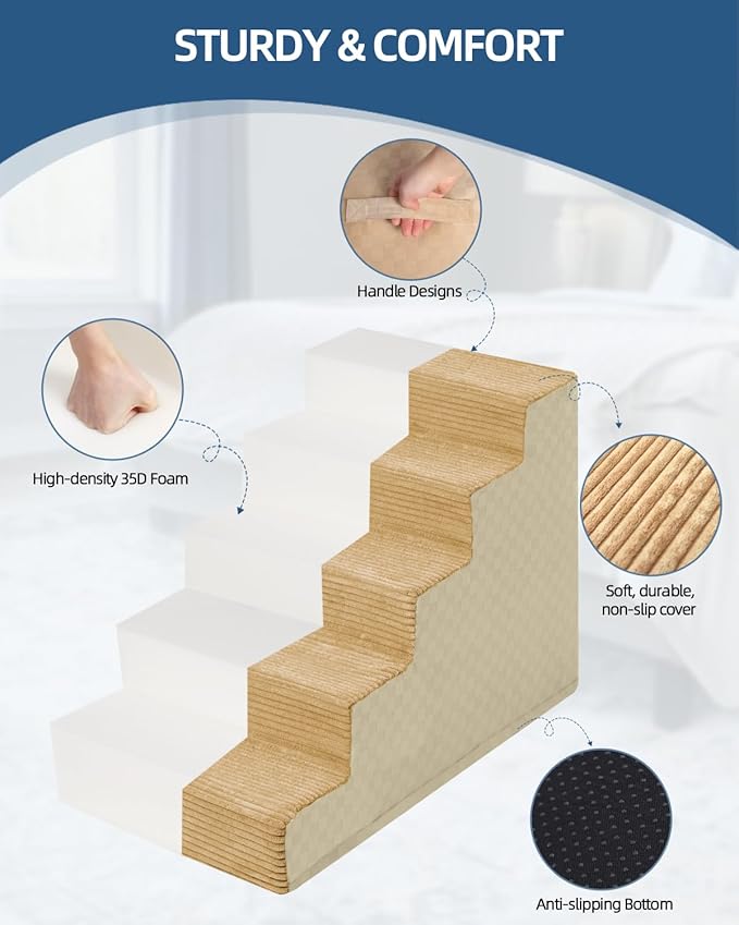 Vfrog Dog Stairs for Small Dogs,17.5" H,4-Step Dog Steps Ramp for Bed and Couch with High Density Foam,Non-Slip Pet Steps for Dogs and Cats,Pet Stairs with a Washable Cover,Khaki
