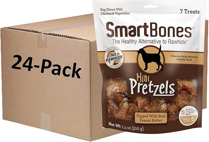 SmartBones Mini Pretzels Dipped With Real Peanut Butter, 7 Count, Rawhide-Free Chews For Dogs, (Pack of 24), Count: 168