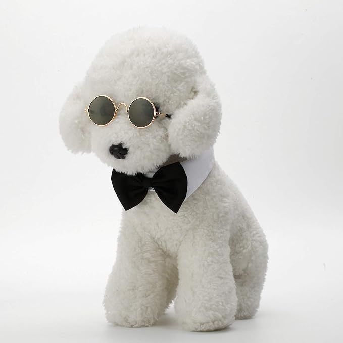 2 Pieces Pets Dog Cat Bowtie Tie Sunglasses Pets Costume Adjustable Formal Necktie Collar for Cats Small Dogs Puppy Round Metal Classic Retro Sunglasses Grooming Accessories Cosplay Party(Black White)