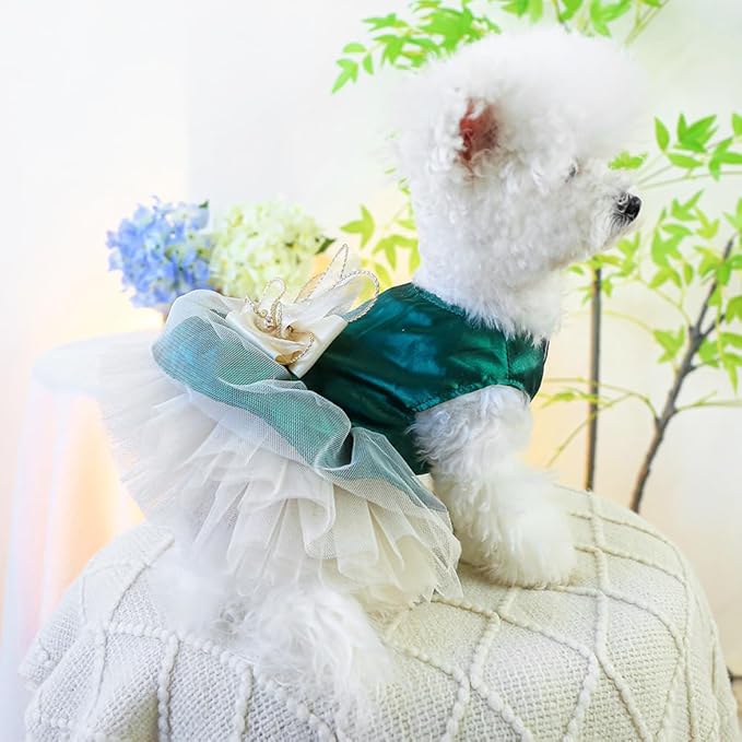 ANIAC Retro Dog Tulle Dress with Leash Ring Spring Summer Girl Puppy Clothes for Small Dog Cat Apparel Formal Pet Prom Dress for Christmas Wedding Birthday Valentines (Green,Medium)