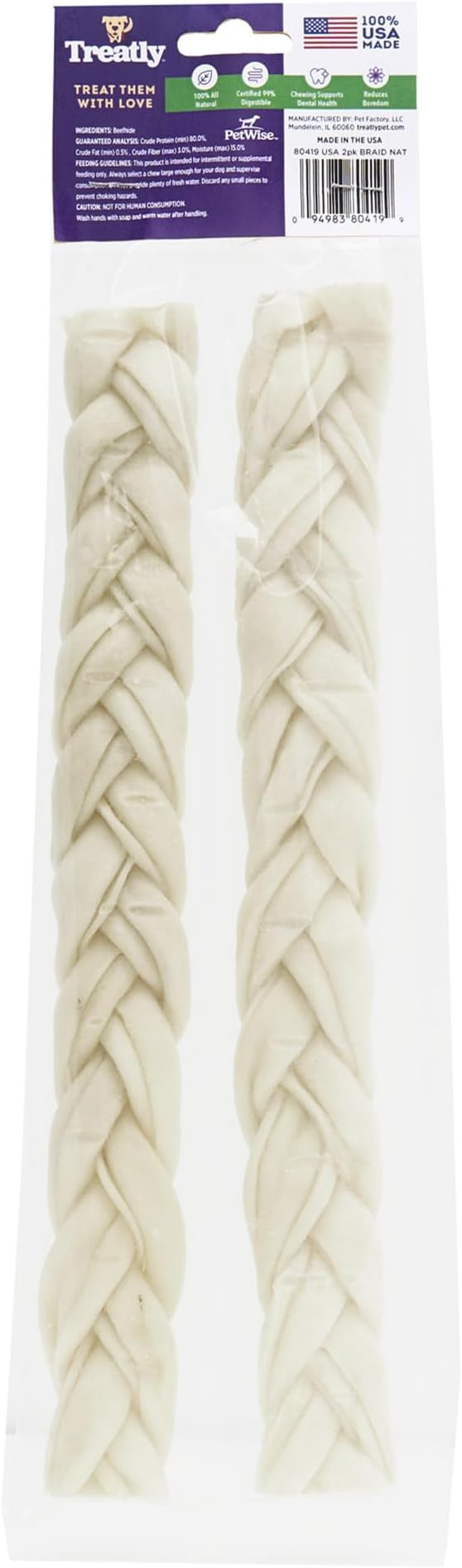 USA Beefhide Braids 12-13" Dog Chew Treats - Natural Flavor, 2 Count/1 Pack