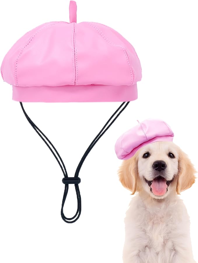 PET SHOW Dog Beret Hat for Small Medium Dogs Cats Party Holiday Headband Cap French Leather Berets with Adjustable Chin Strap Cute Fashion Puppy Hats Pets Costumes Accessories(Pink,M)