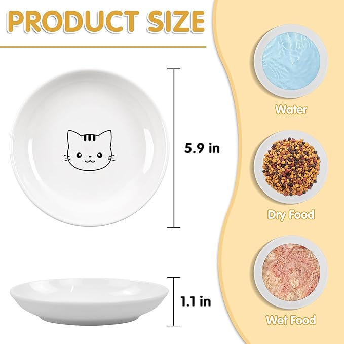 6 Pack Cat Food Bowl, Ceramic Cat Bowls, Anti Whisker Fatigue Cats Bowl Set,5.5 Inches Shallow Wide Kitten Plates for Food and Water (White-C)
