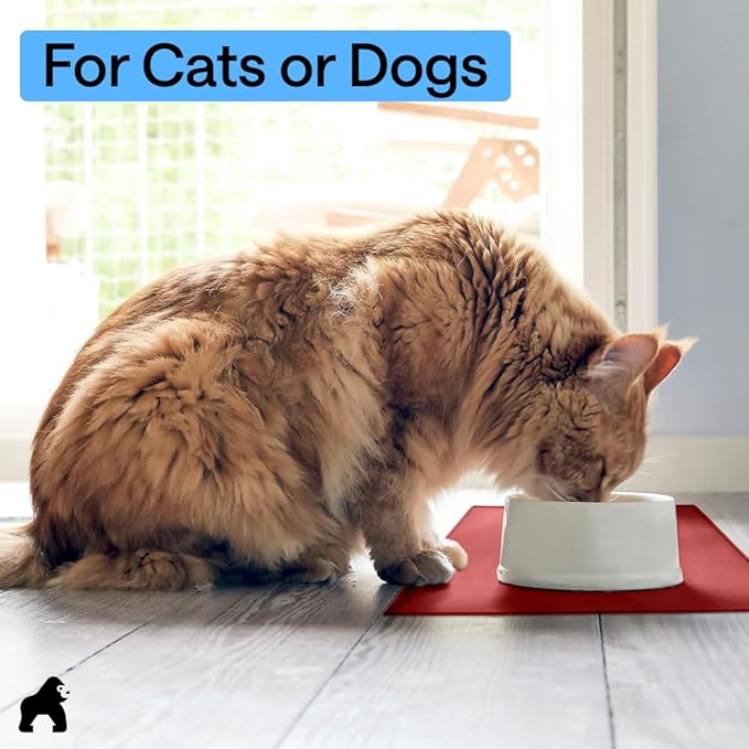 GORILLA GRIP 100% Waterproof Raised Edge BPA Free Silicone Pet Feeding Mat, Dog Cat Food Mats Contain Spills Protects Floors, Placemats for Cats and Dogs Water Bowl, Pets Accessories 23x15 Red