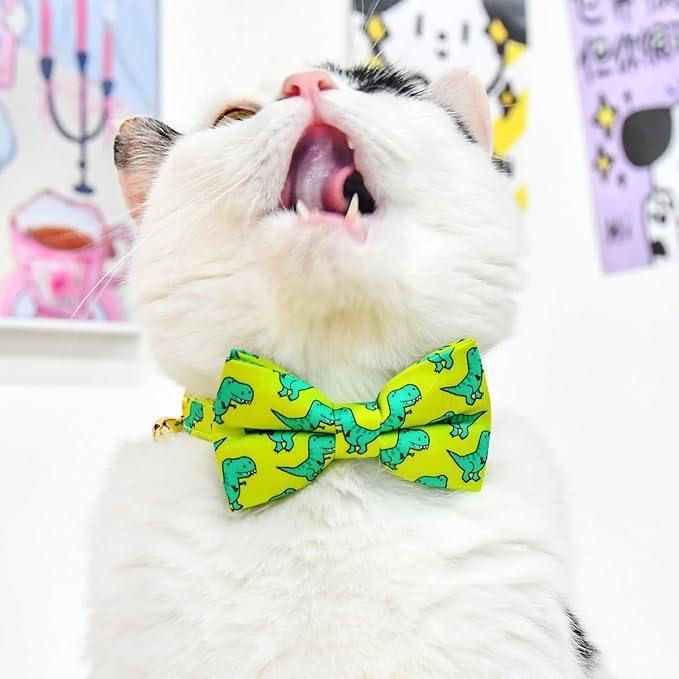 Cat Collar Bow Set, Green Dinosaur, Wedding/Birthday Breakaway Collar Bowtie for Kitten/Cat