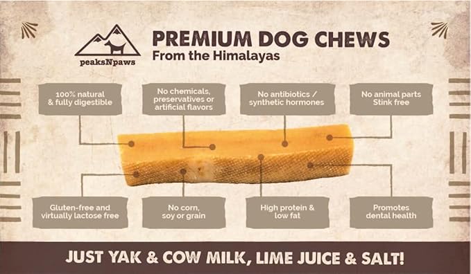 peaksNpaws Yak Cheese, High Protein, Himalayan Dogs Chews, Natural Dog Treats, Lactose Free, Long Lasting Dogs Treat for Aggressive Chewers Under 55 lbs 20 Large Chew Sticks, 5 lb Bag