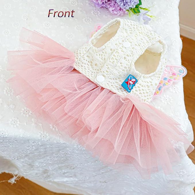 ANIAC Butterfly Dog Dress with Pink Tutu Funny Dog Clothes with Wing Girl Puppy Dress for Small Dogs Pet Butterfly Costume Holiday Cat Outfit for Halloween Birthday Wedding (Pink, Large)