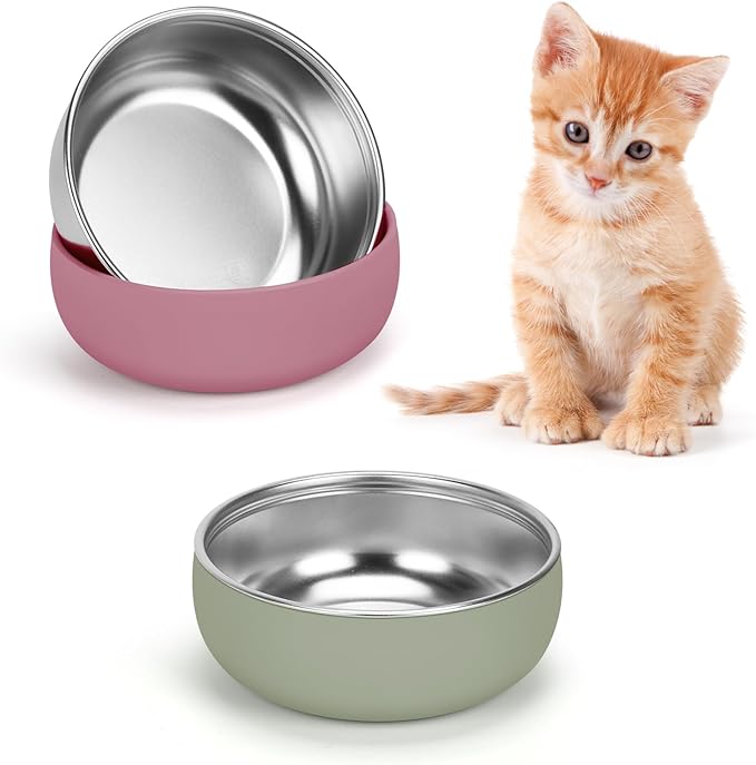 Kitten Bowls 2 Pack, Stainless Steel Cat Food and Water Bowl Set with Anti-Slip Silicone Bottom, 5 '' Wide Thick & Heavy Duty Metal Pet Dishes for Kittens, Cats and Puppies