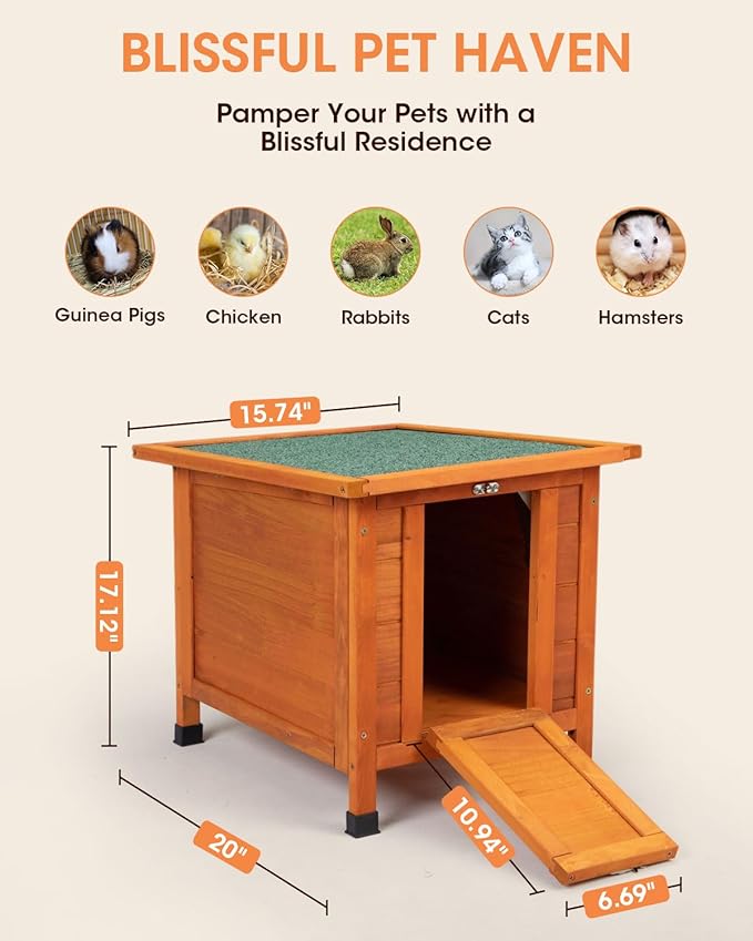 SANDINRAYLI Outdoor Cat House Weatherproof, Wooden Rabbit Hutch Bunny Cage Chicken Coops Shelter with Elevated Floor for Feral Cat/Bunny/Guinea Pig/Duck, Orange