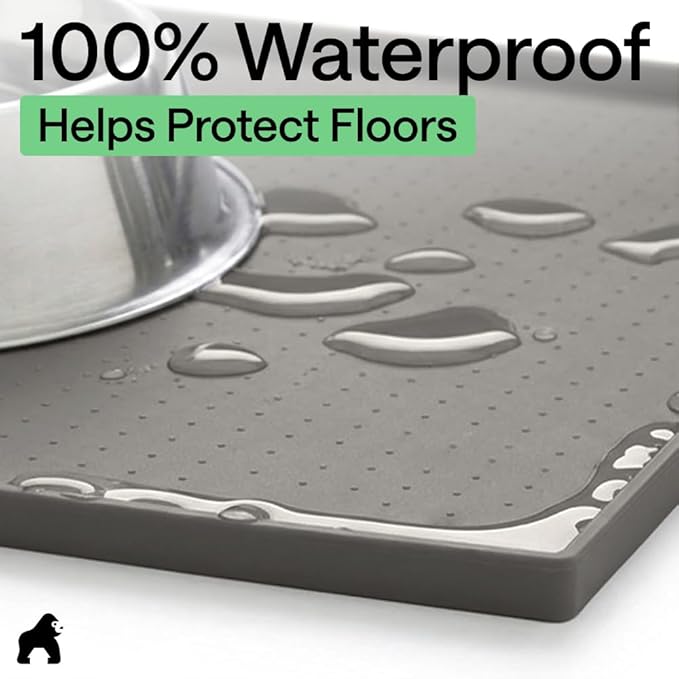 GORILLA GRIP 100% Waterproof Raised Edge BPA Free Silicone Pet Feeding Mat, Dog Cat Food Mats Contain Spills Protects Floors, Placemats for Cats and Dogs Water Bowl, Pets Accessories 32x24 Gray
