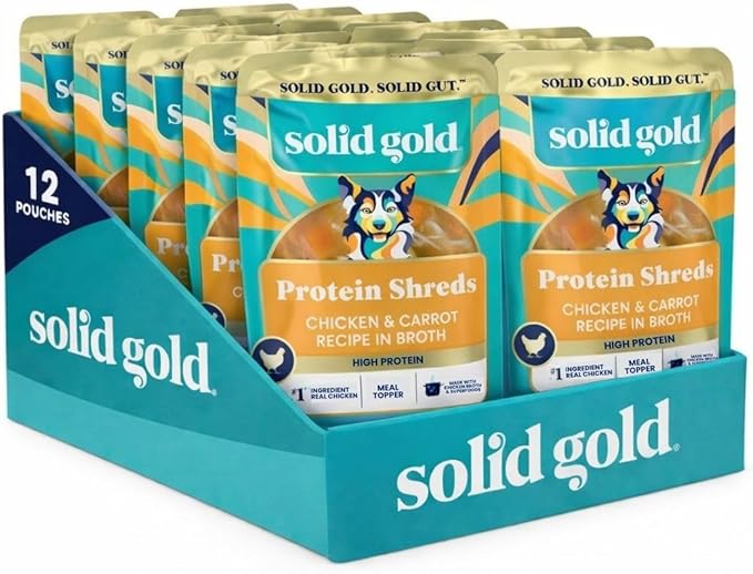 Solid Gold Protein Shreds Dog Food Topper for Dry Food- High Protein Meal Toppers for Dogs w/Chicken Shreds, Broth, Carrots & Superfoods to Supports Muscle Growth, Gut Health & Immunity -12 Pouches