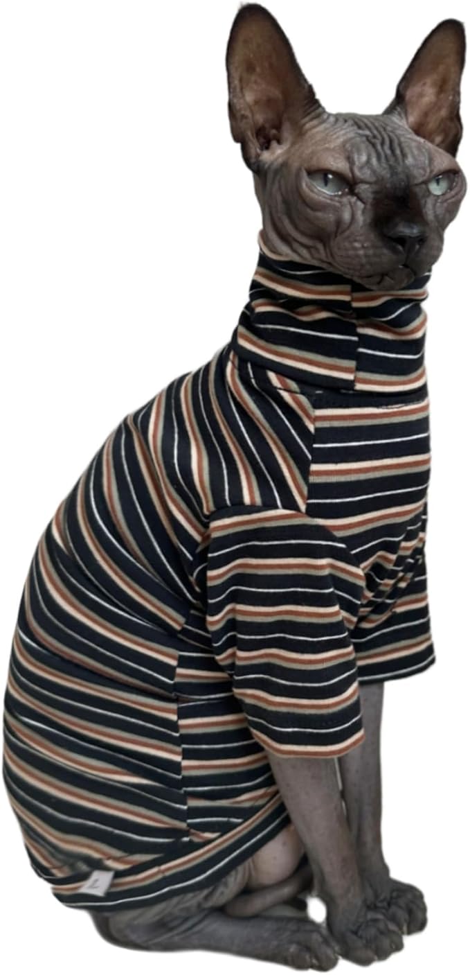 Vintage Stripes Sphynx Hairless Cats Shirt Cotton Cat Turtleneck Pet Clothes Kitten T-Shirts with Sleeves for Sphynx Cats (Vintage Black, X-Large)
